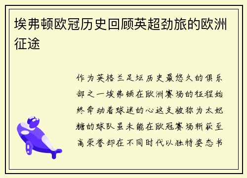 埃弗顿欧冠历史回顾英超劲旅的欧洲征途